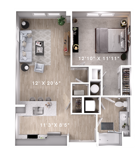 Floor plan for 1 bed, 1 bath, 738 sqft